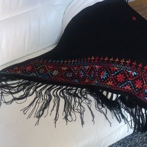 Vintage piano shawl with tassels and needlepoint